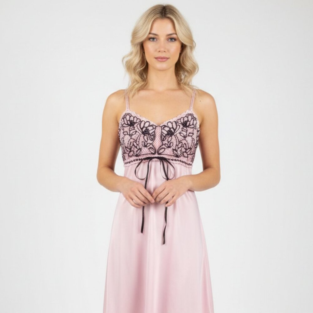 Flora Nikrooz Pink & Black Long Satin Embroidered Bodice Sleep dress New